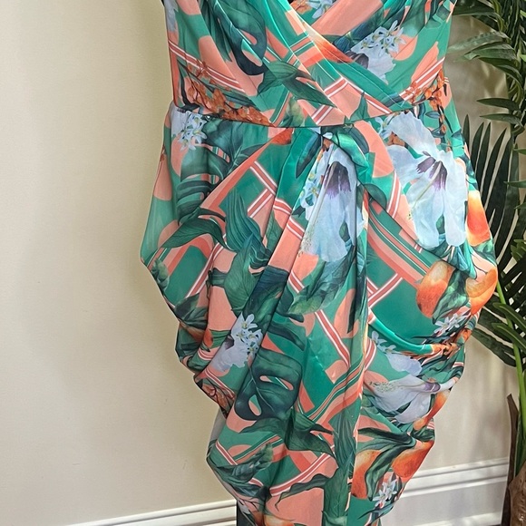 PrettyLittleThing Peach Fruit Print Chiffon Strappy Draped Midi Dress US 12 - Picture 4 of 10